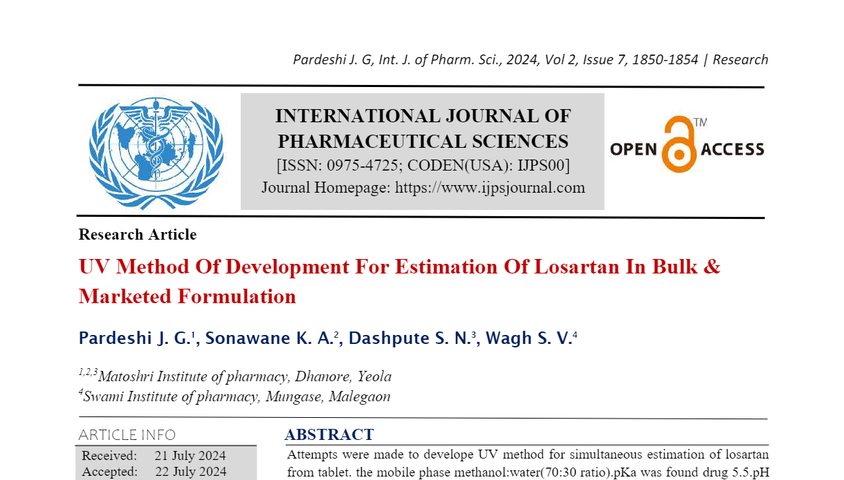 UV Method Of Development For Estimation Of Losartan In Bulk & Marketed Formulation