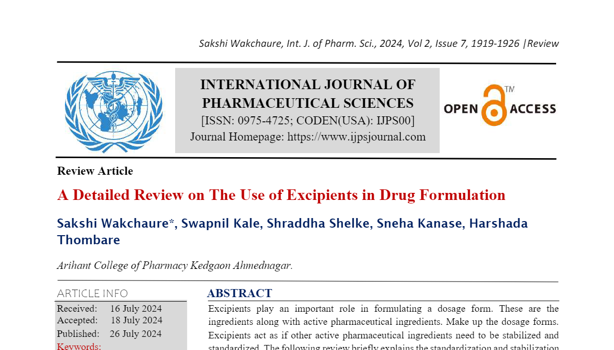 A Detailed Review on The Use of Excipients in Drug Formulation