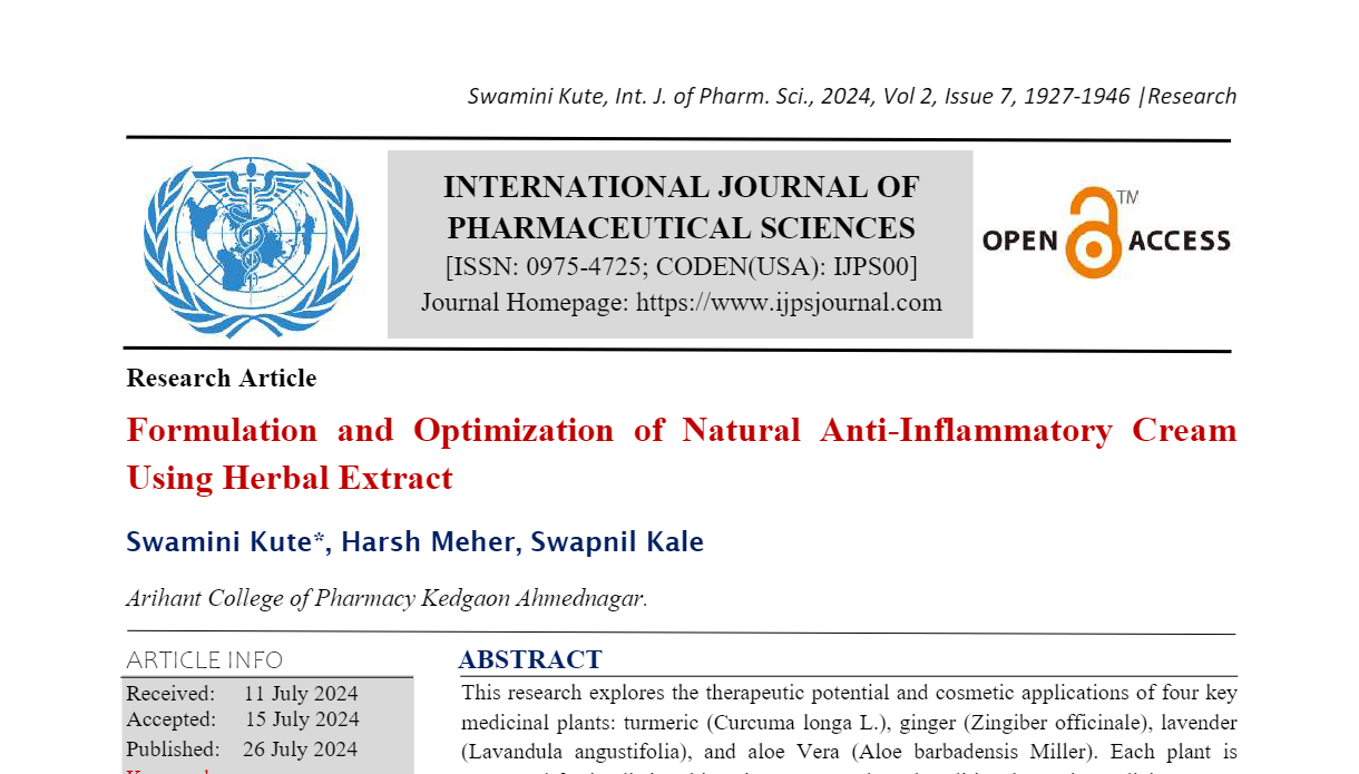 Formulation and Optimization of Natural Anti-Inflammatory Cream Using Herbal Extract