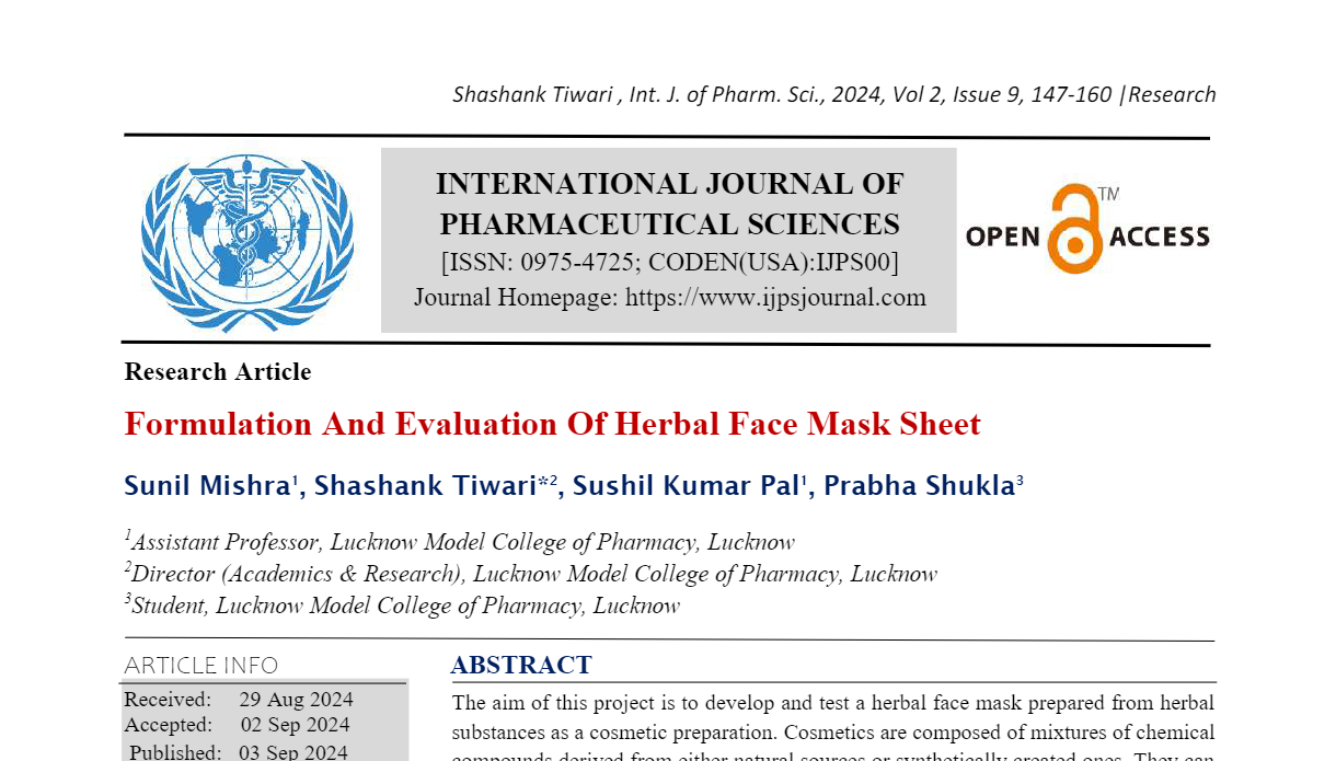 Formulation And Evaluation Of Herbal Face Mask Sheet