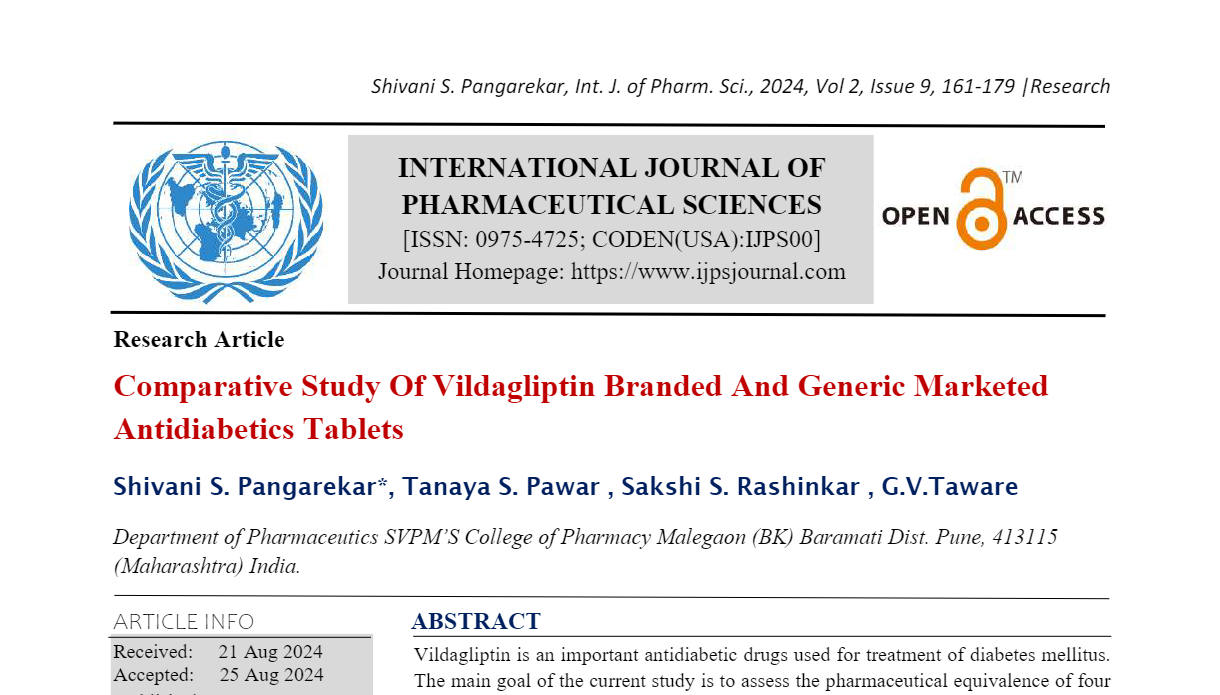 Comparative Study Of Vildagliptin Branded And Generic Marketed Antidiabetics Tablets 