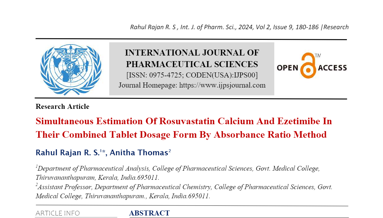 Simultaneous Estimation Of Rosuvastatin Calcium And Ezetimibe In Their Combined Tablet Dosage Form By Absorbance Ratio Method