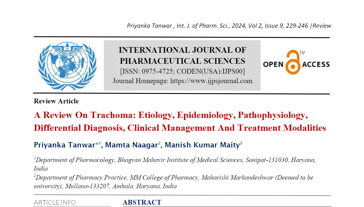 A Review On Trachoma: Etiology, Epidemiology, Pathophysiology, Differential Diagnosis, Clinical Management And Treatment Modalities