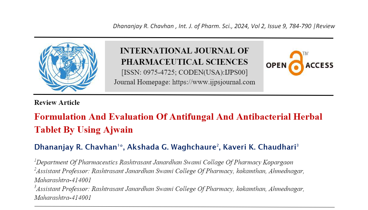 Formulation And Evaluation Of Antifungal And Antibacterial Herbal Tablet By Using Ajwain 