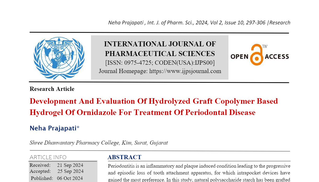 Development And Evaluation Of Hydrolyzed Graft Copolymer Based Hydrogel Of Ornidazole For Treatment Of Periodontal Disease