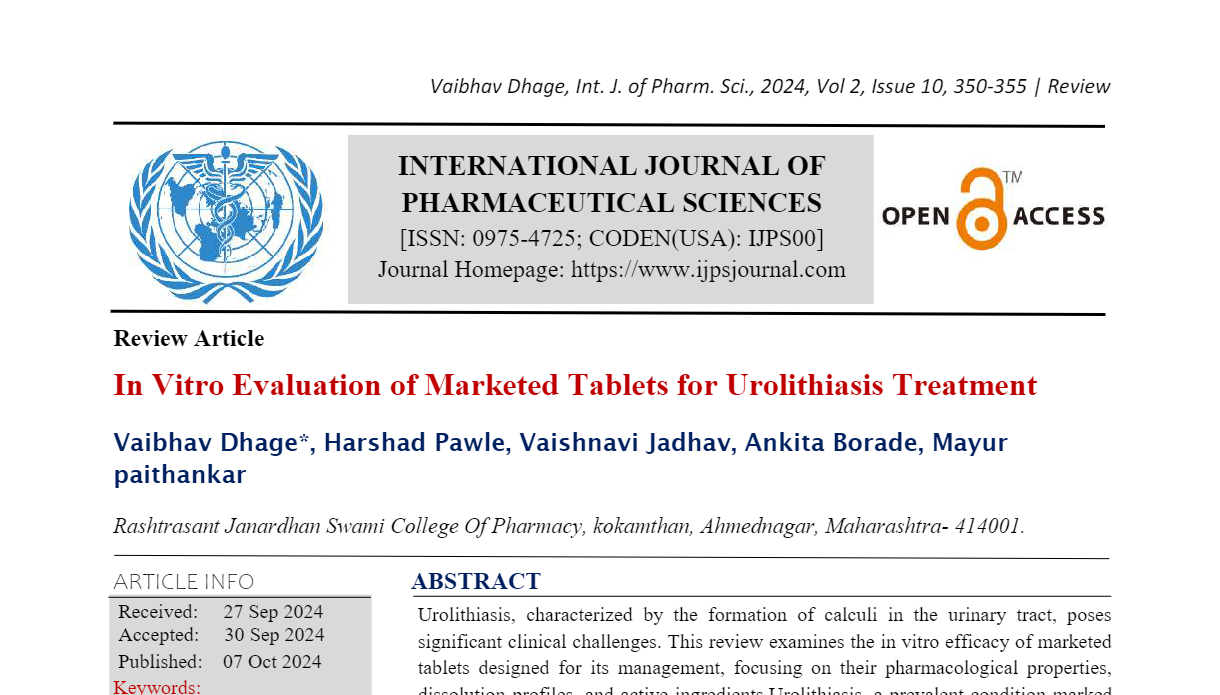 In Vitro Evaluation of Marketed Tablets for Urolithiasis Treatment