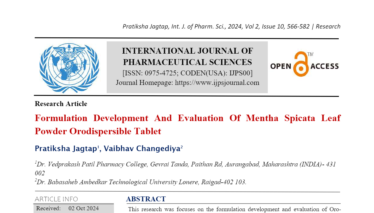 Formulation Development And Evaluation Of Mentha Spicata Leaf Powder Orodispersible Tablet