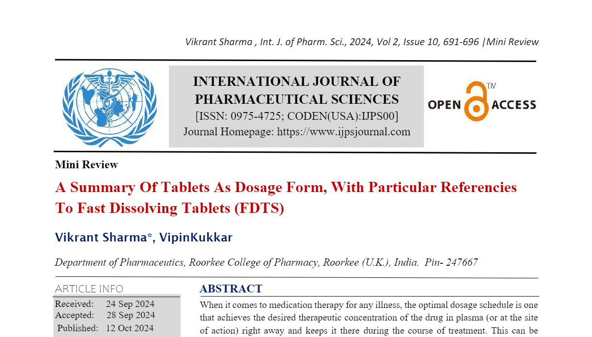 A Summary Of Tablets As Dosage Form, With Particular Referencies To Fast Dissolving Tablets (FDTS)