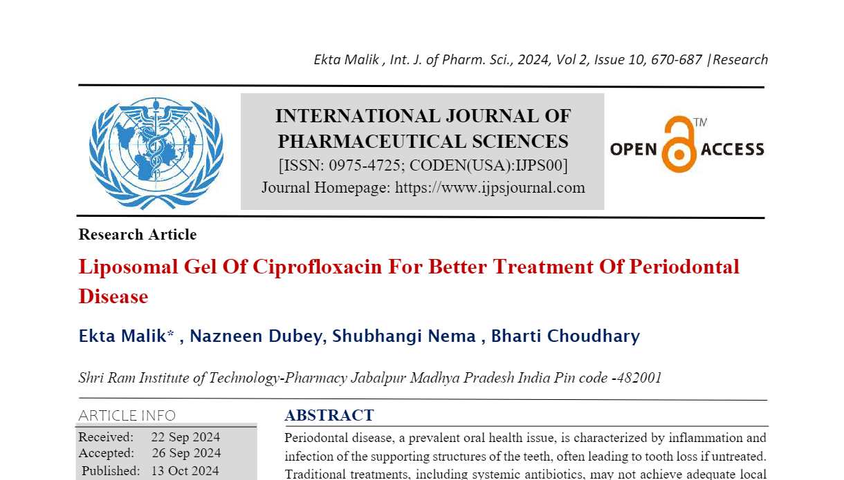 Liposomal Gel Of Ciprofloxacin For Better Treatment Of Periodontal Disease