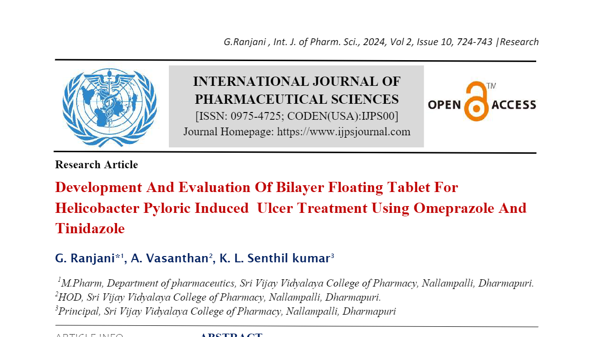 Development And Evaluation Of Bilayer Floating Tablet For Helicobacter Pyloric Induced  Ulcer Treatment Using Omeprazole And Tinidazole