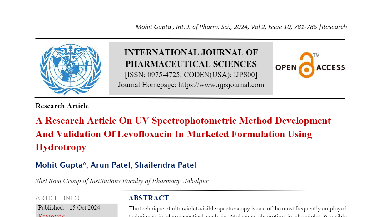 A Research Article On UV Spectrophotometric Method Development And Validation Of Levofloxacin In Marketed Formulation Using Hydrotropy