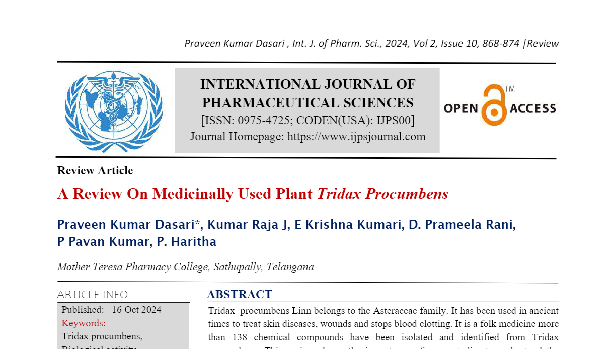 A Review On Medicinally Used Plant Tridax Procumbens