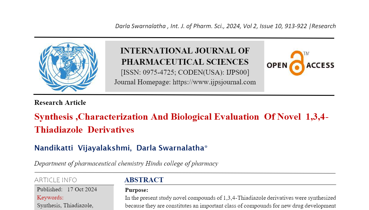 Synthesis ,Characterization And Biological Evaluation  Of Novel  1,3,4-Thiadiazole  Derivatives