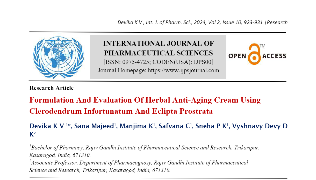 Formulation And Evaluation Of Herbal Anti-Aging Cream Using Clerodendrum Infortunatum And Eclipta Prostrata