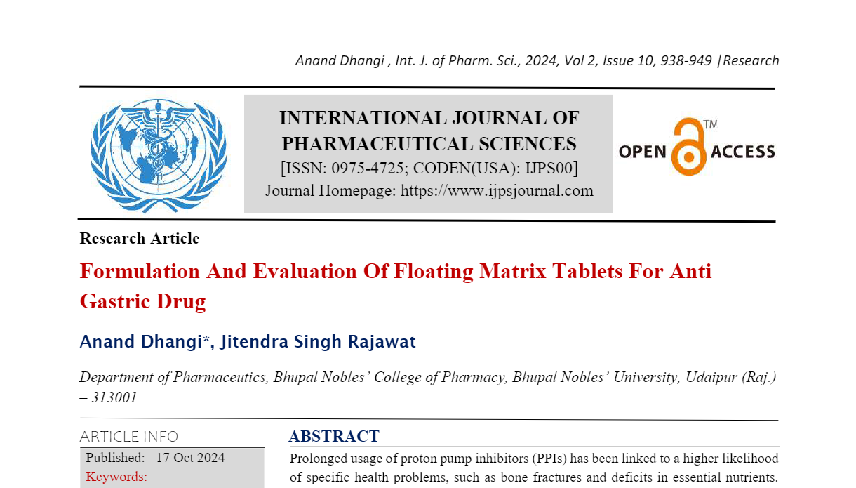 Formulation And Evaluation Of Floating Matrix Tablets For Anti Gastric Drug