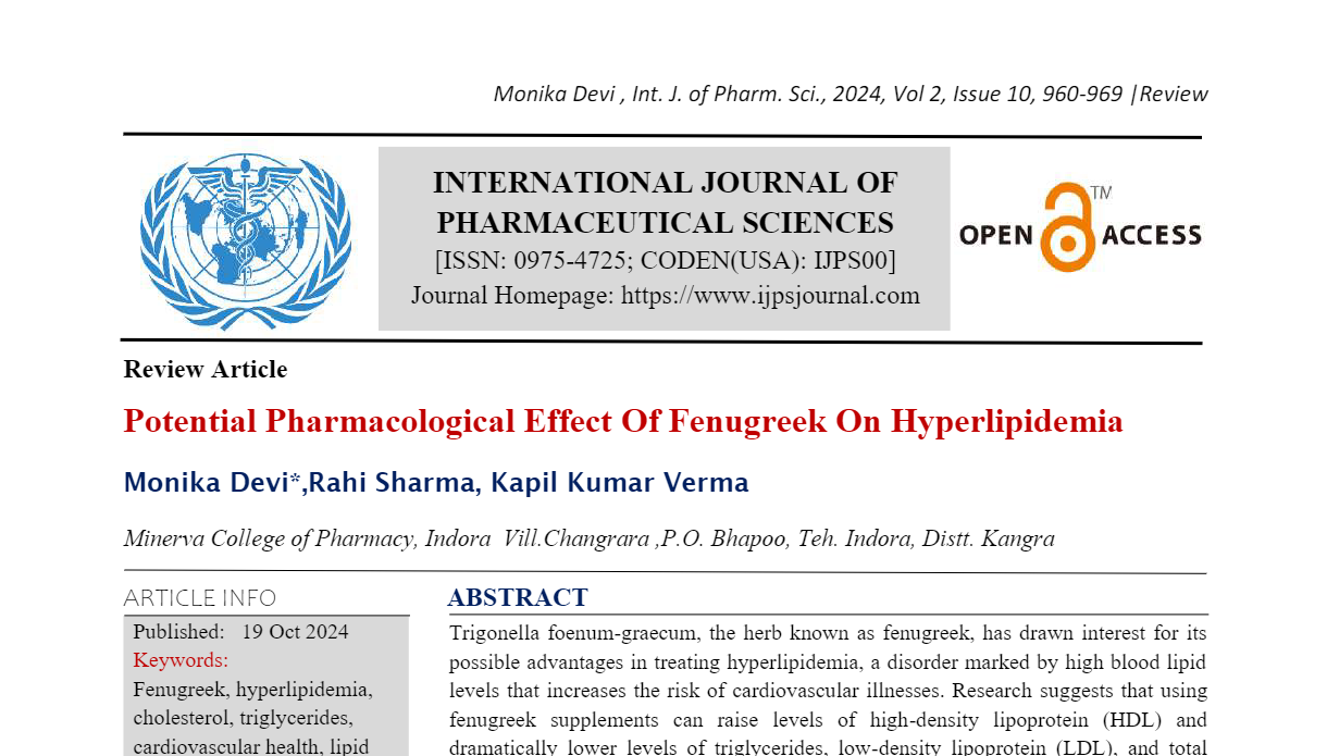 Potential Pharmacological Effect Of Fenugreek On Hyperlipidemia