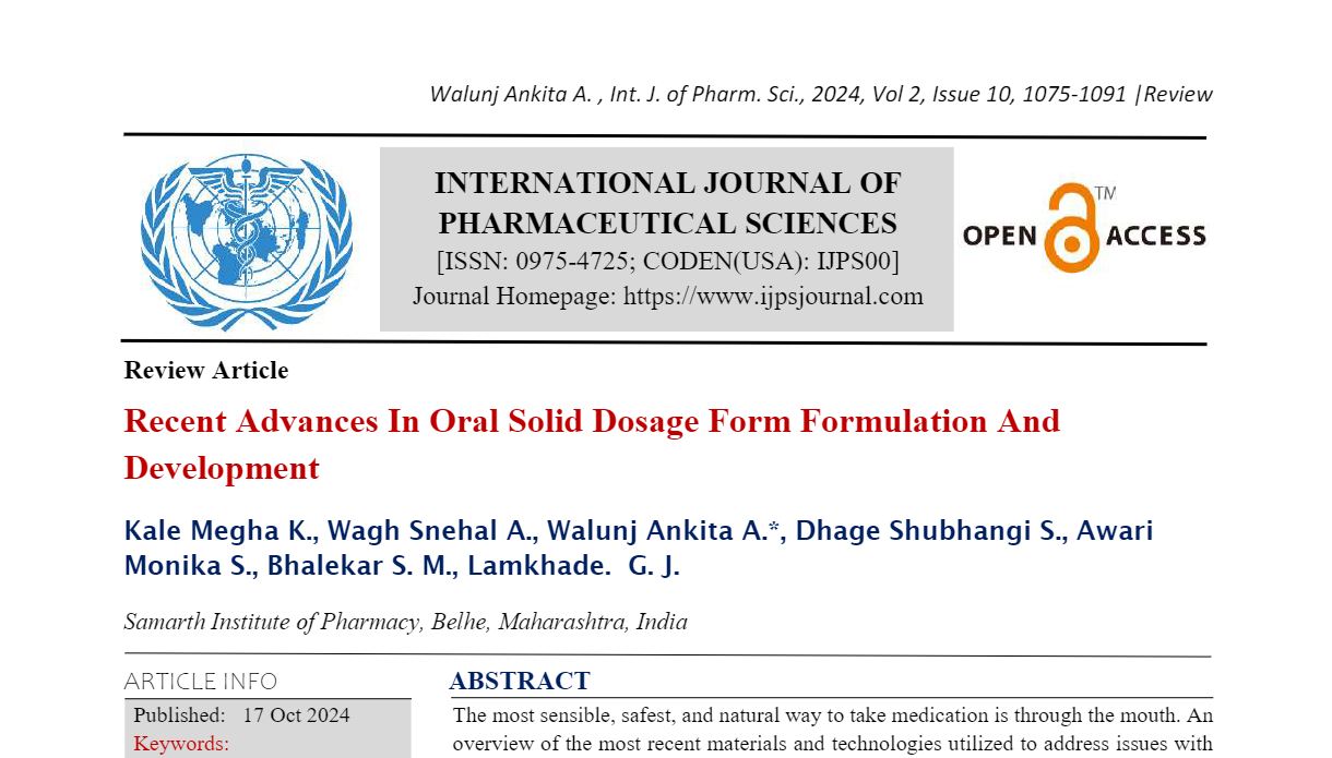 Recent Advances In Oral Solid Dosage Form Formulation And Development