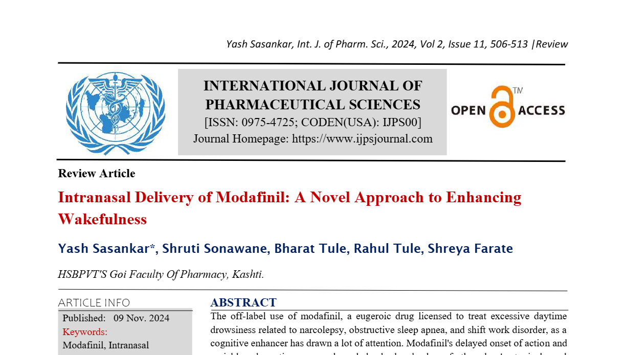 Intranasal Delivery of Modafinil: A Novel Approach to Enhancing Wakefulness  