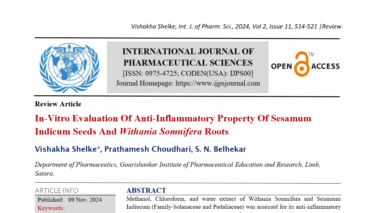 In-Vitro Evaluation Of Anti-Inflammatory Property Of Sesamum Indicum Seeds And Withania Somnifera Roots  