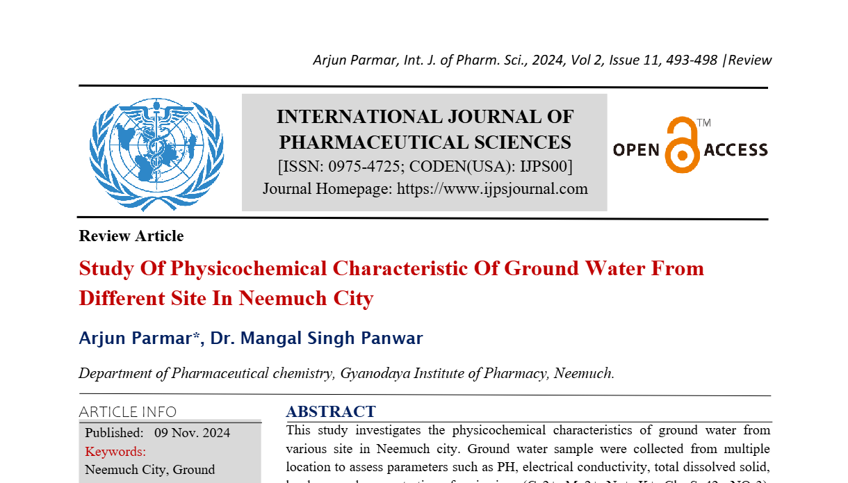 Study Of Physicochemical Characteristic Of Ground Water From Different Site In Neemuch City  