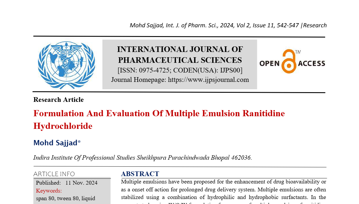 Formulation And Evaluation Of Multiple Emulsion Ranitidine Hydrochloride  