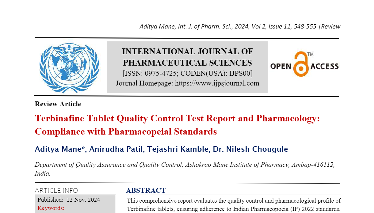 Terbinafine Tablet Quality Control Test Report and Pharmacology: Compliance with Pharmacopeial Standards