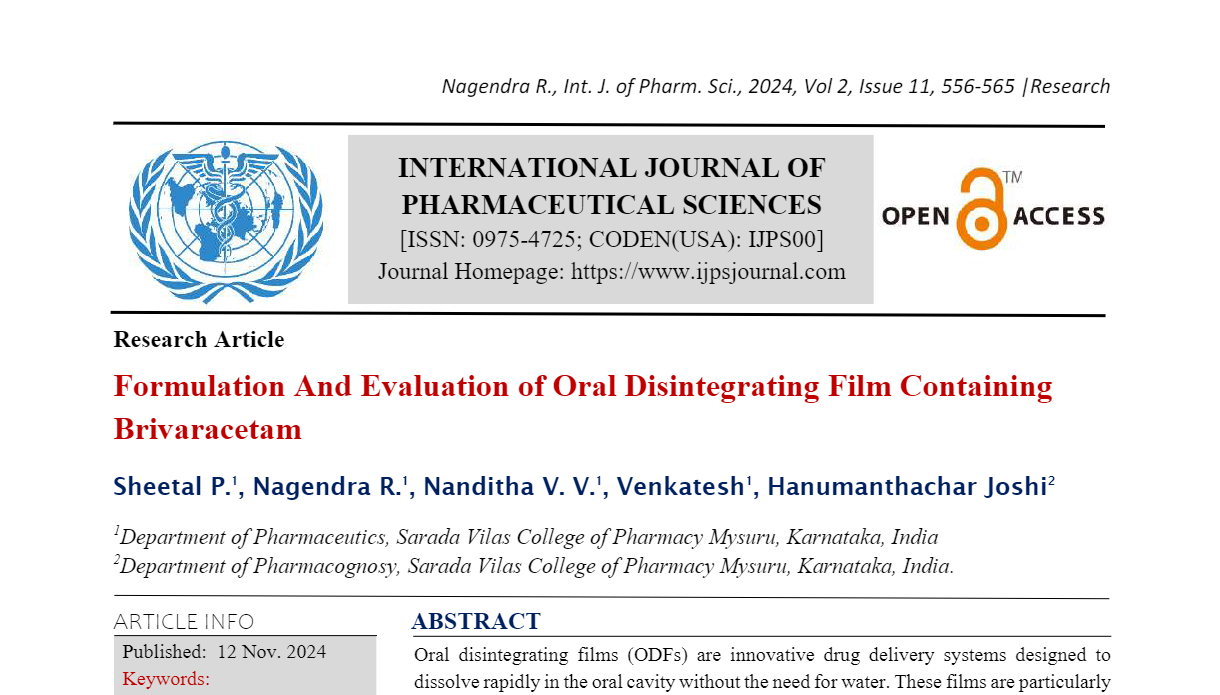 Formulation And Evaluation of Oral Disintegrating Film Containing Brivaracetam