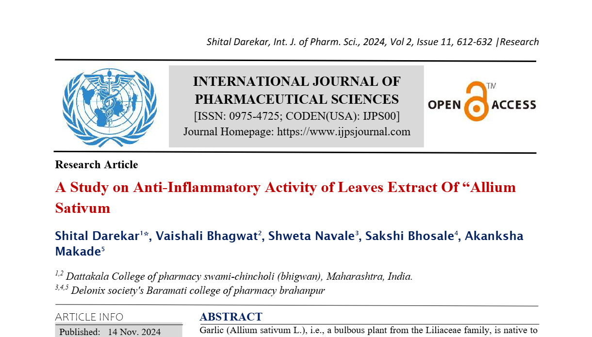 A Study on Anti-Inflammatory Activity of Leaves Extract Of Allium Sativum  