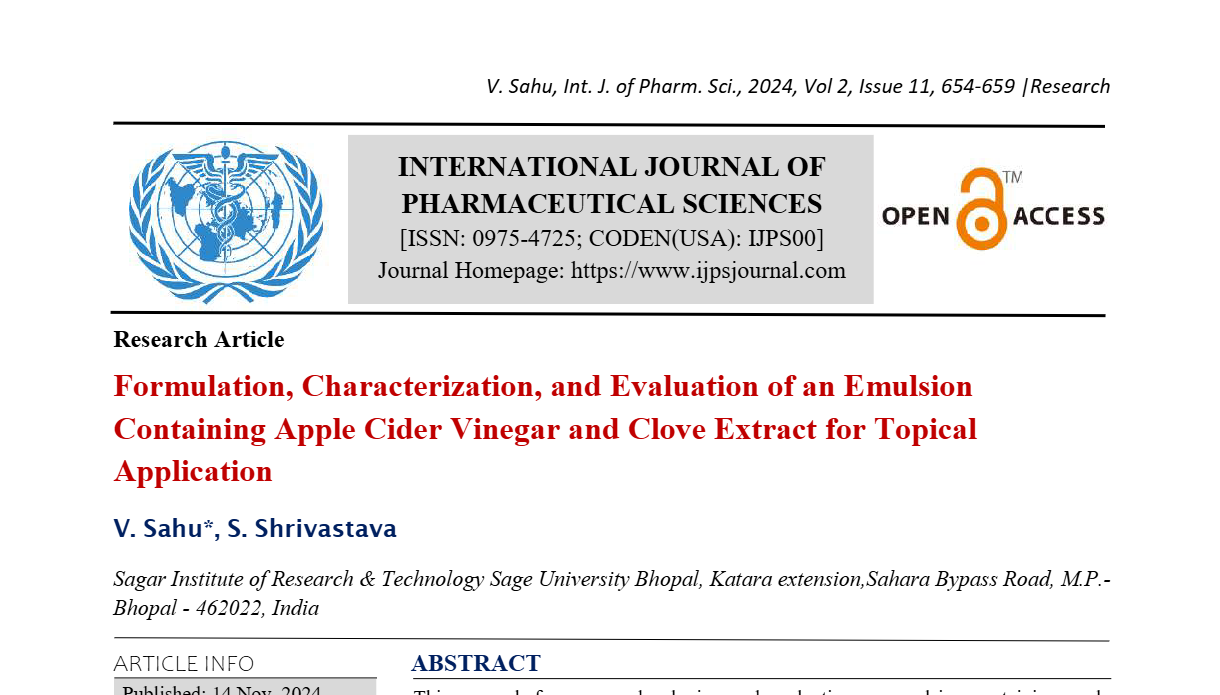 Formulation, Characterization, and Evaluation of an Emulsion Containing Apple Cider Vinegar and Clove Extract for Topical Application