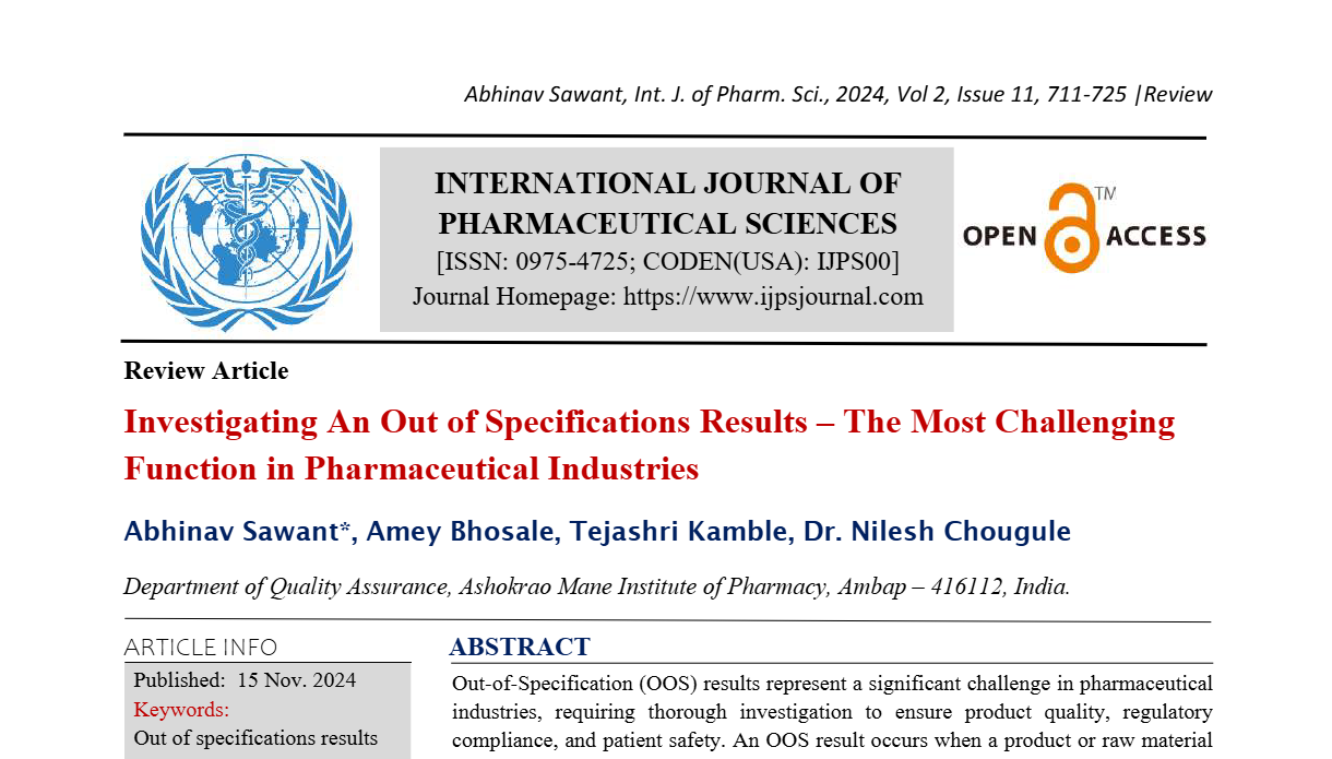 Investigating an Out of Specifications results – The most challenging function in pharmaceutical industries