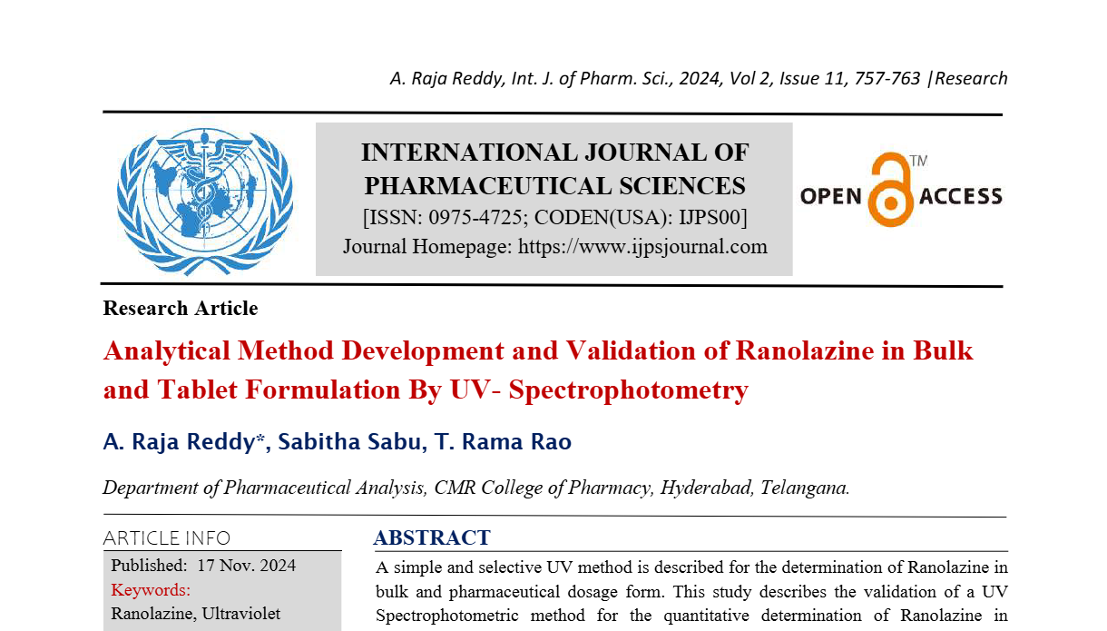 Analytical Method Development and Validation of Ranolazine in Bulk and Tablet Formulation By UV- Spectrophotometry