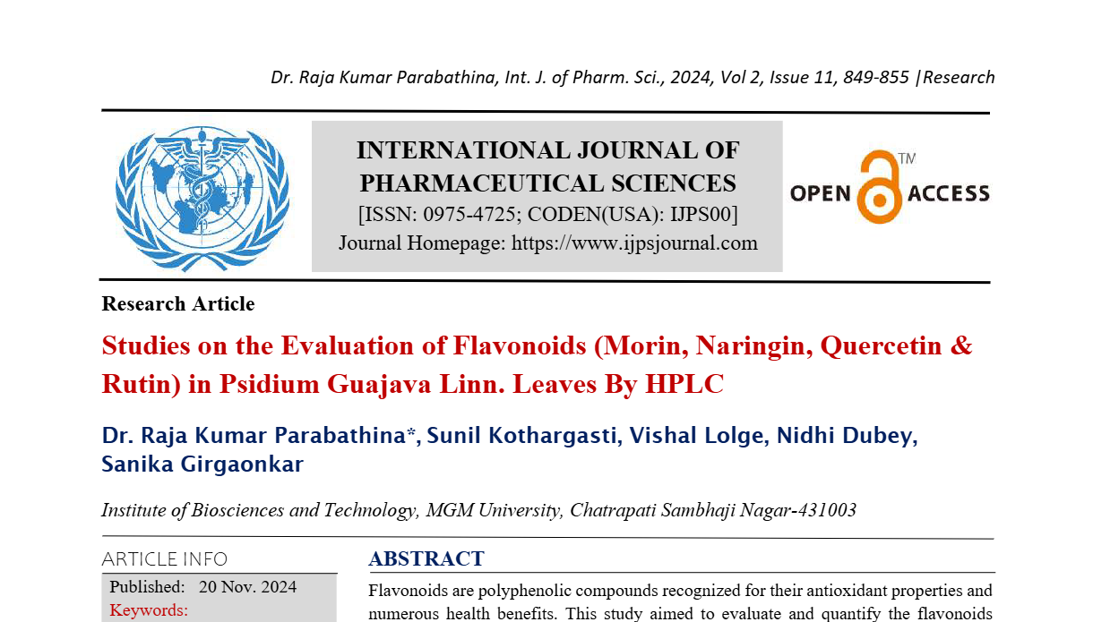 Studies on the Evaluation of Flavonoids (Morin, Naringin, Quercetin & Rutin) in Psidium Guajava Linn. Leaves By HPLC 