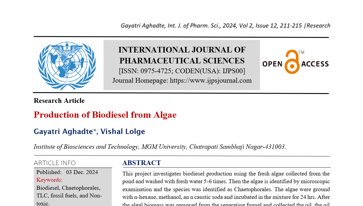 Production of  biodisel from algae