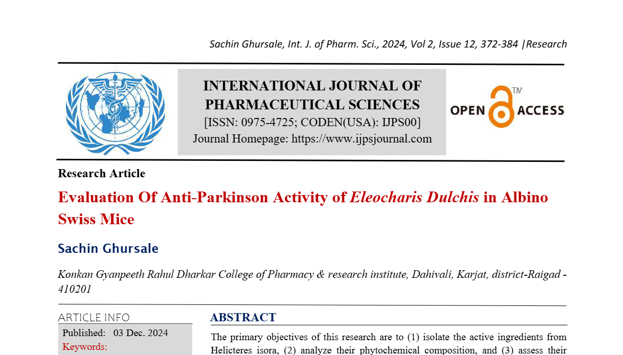 Evaluation Of Anti-Parkinson Activity of Eleocharis Dulchis in Albino Swiss Mice  