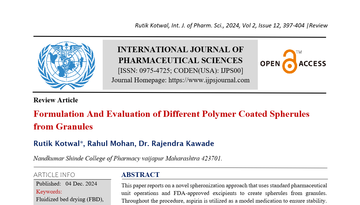 Formulation And Evaluation of Different Polymer Coated Spherules from Granules