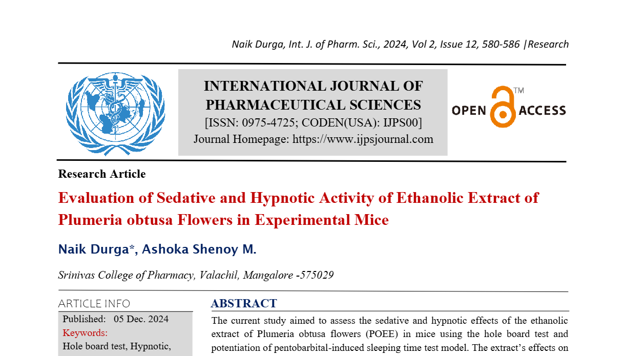 Evaluation of Sedative and Hypnotic Activity of Ethanolic Extract of Plumeria obtusa Flowers in Experimental Mice  