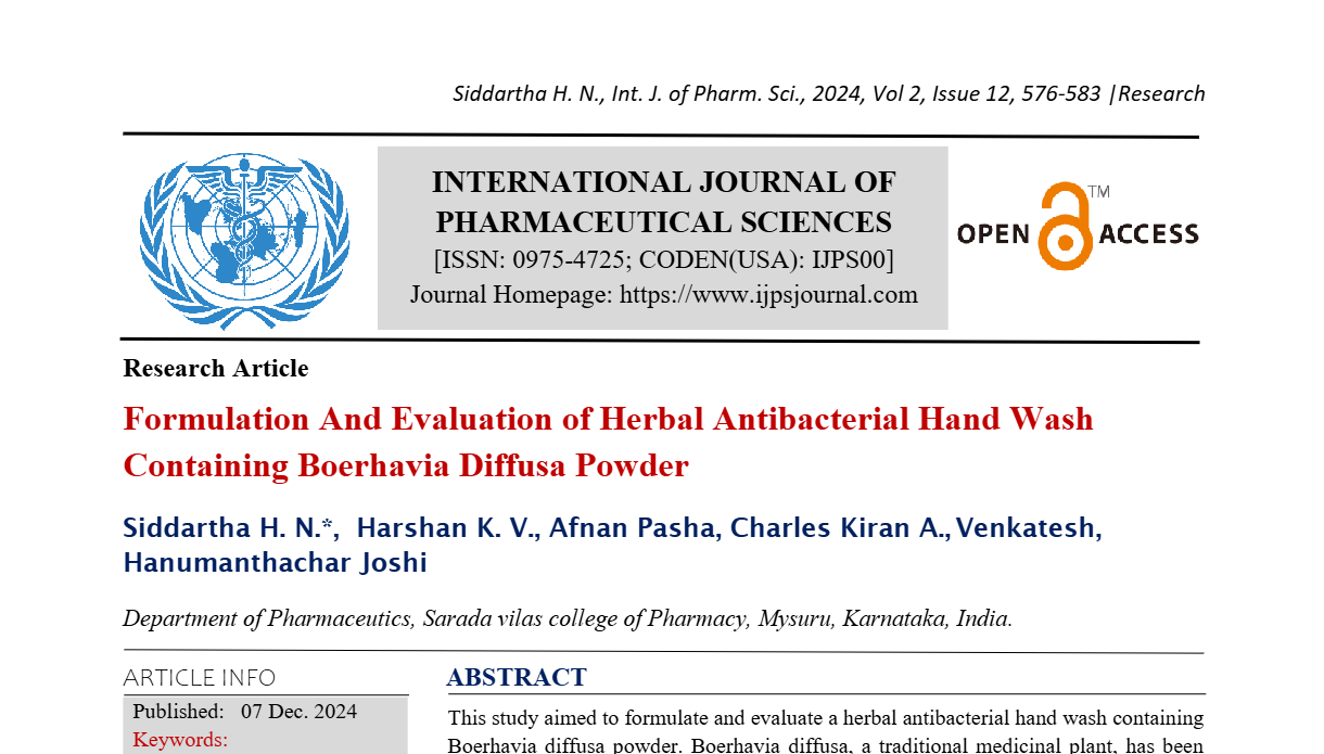 Formulation And Evaluation of Herbal Antibacterial Hand Wash Containing Boerhavia Diffusa Powder