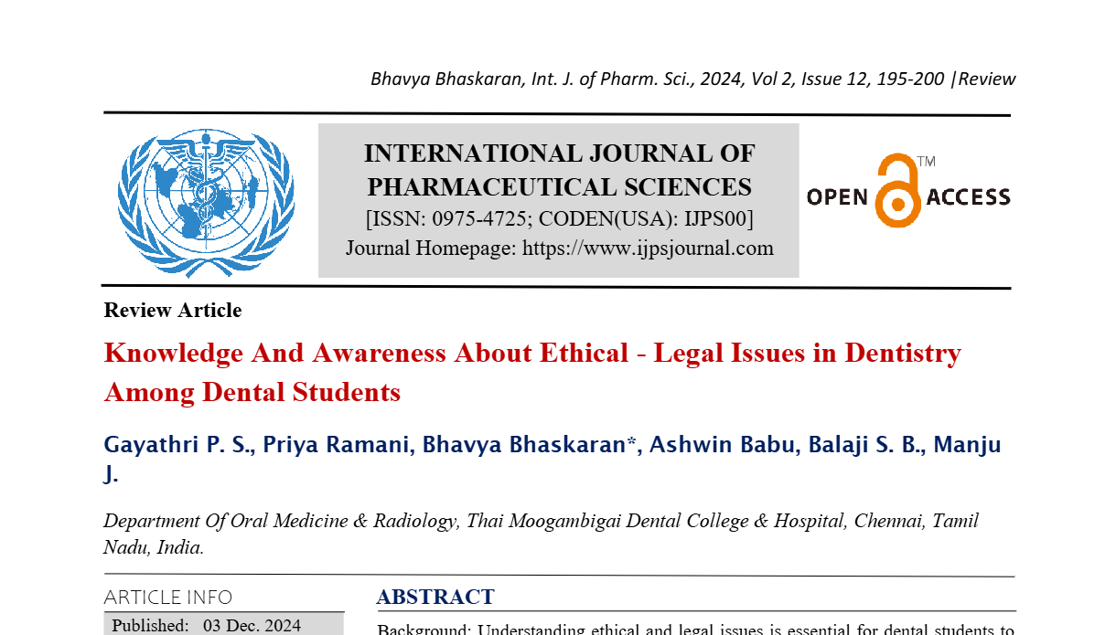 Knowledge And Awareness About Ethical - Legal Issues in Dentistry Among Dental Students  