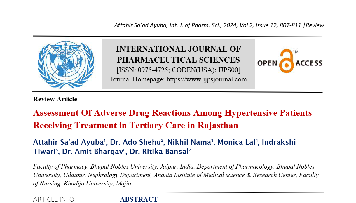 Assessment Of Adverse Drug Reactions Among Hypertensive Patients Receiving Treatment in Tertiary Care in Rajasthan  