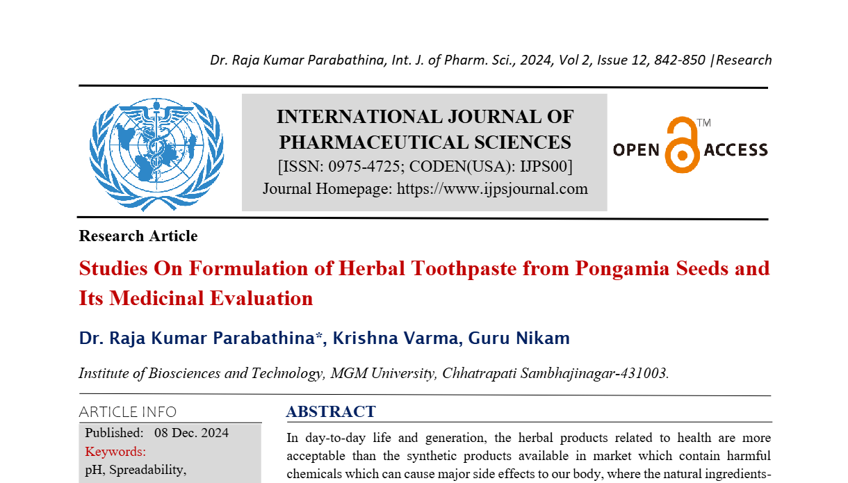 Studies On Formulation of Herbal Toothpaste from Pongamia Seeds and Its Medicinal Evaluation