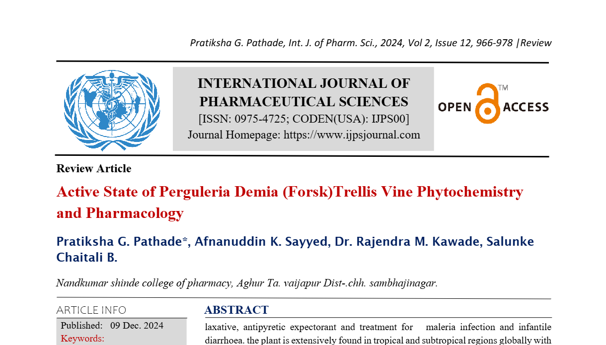 Active State of Perguleria Demia (Forsk)Trellis Vine Phytochemistry and Pharmacology  