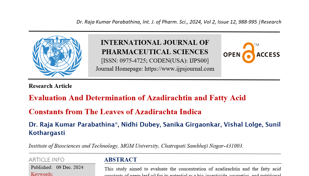 Evaluation And Determination of Azadirachtin and Fatty Acid Constants from The Leaves of Azadirachta Indica