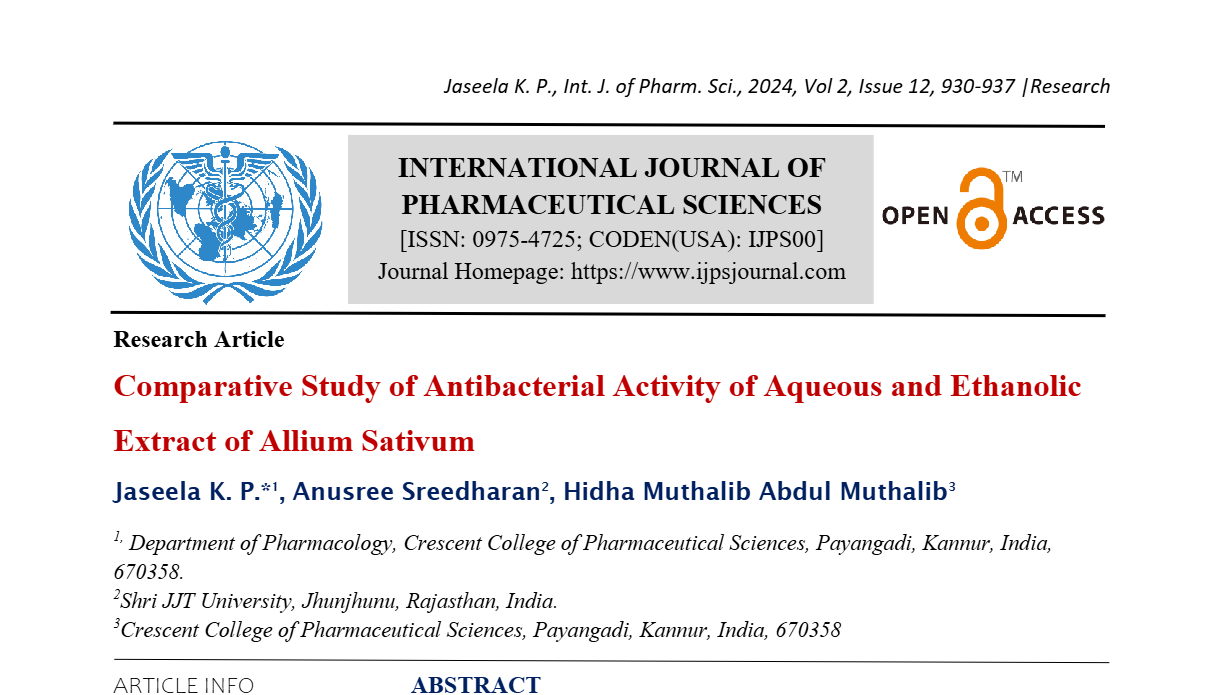 Comparative Study of Antibacterial Activity of Aqueous and Ethanolic Extract of Allium Sativum