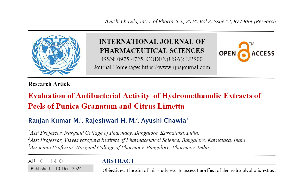 Evaluation of Antibacterial Activity of Hydromethanolic Extracts of Peels of Punica Granatum and Citrus Limetta