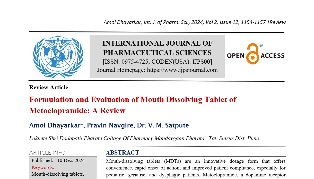 Formulation and Evaluation of Mouth Dissolving Tablet of Metoclopramide: A Review   