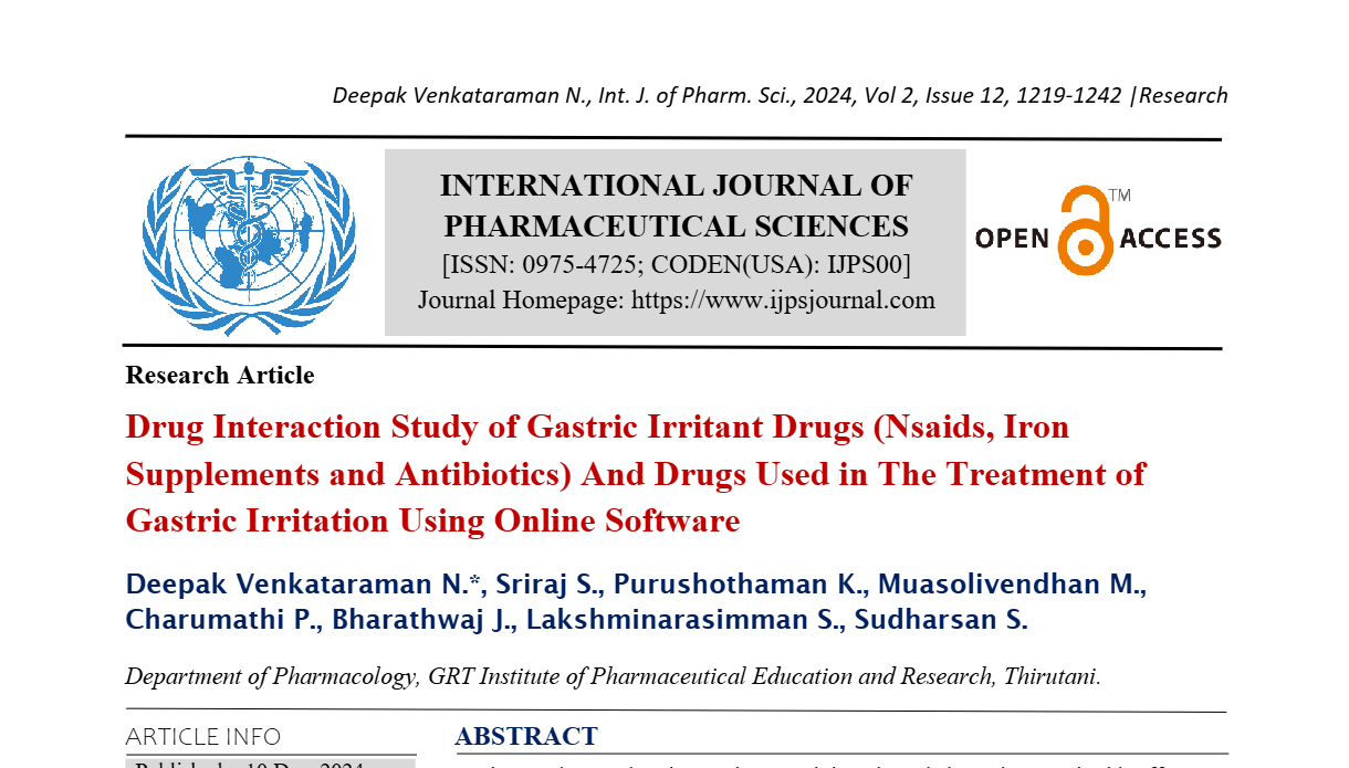 Drug Interaction Study of Gastric Irritant Drugs (Nsaids, Iron Supplements and Antibiotics) And Drugs Used in The Treatment of Gastric Irritation Using Online Software   