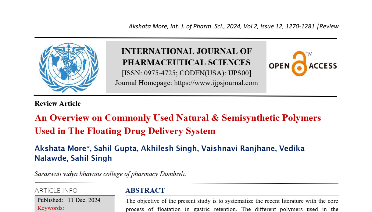 An Overview on Commonly Used Natural & Semisynthetic Polymers Used in The Floating Drug Delivery System   