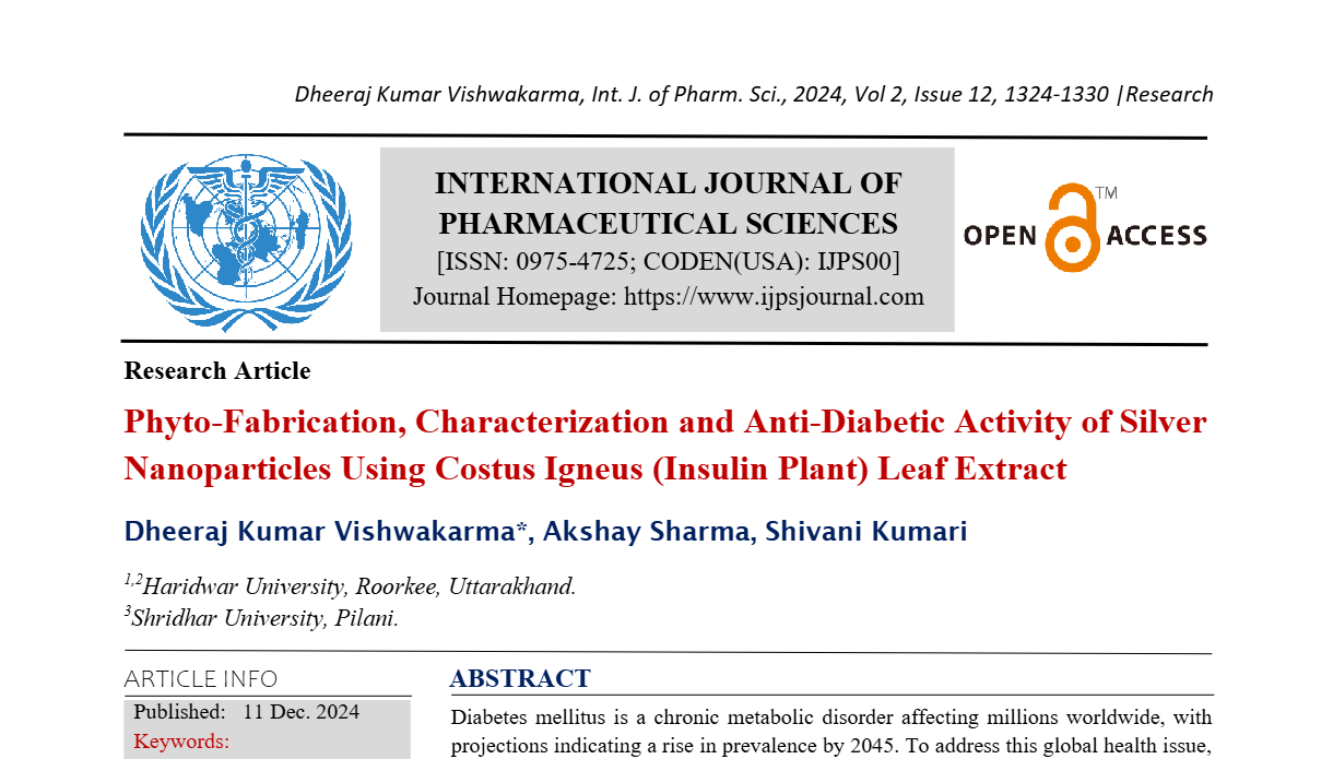 Phyto-Fabrication, Characterization and Anti-Diabetic Activity of Silver Nanoparticles Using Costus Igneus (Insulin Plant) Leaf Extract   