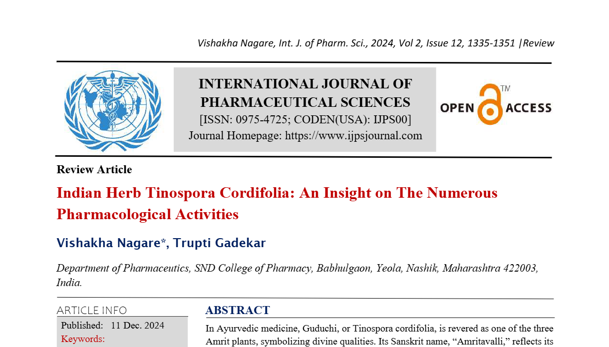 Indian Herb Tinospora Cordifolia: An Insight on The Numerous Pharmacological Activities