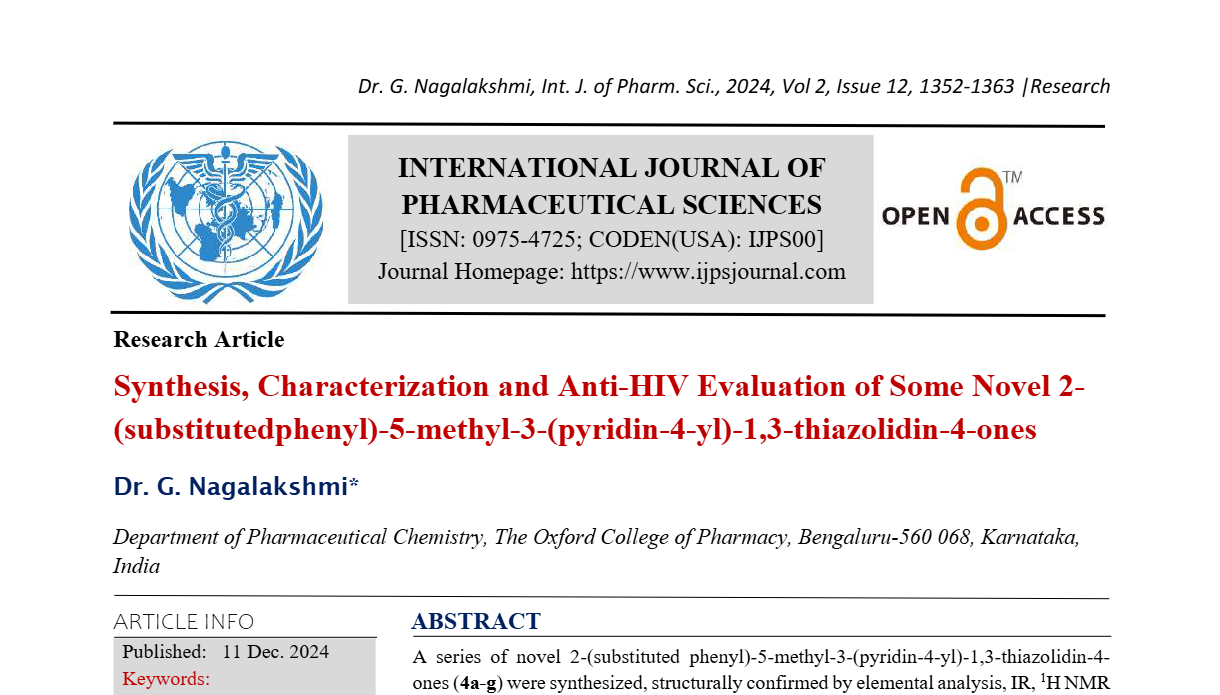 Synthesis, Characterization and Anti-HIV Evaluation of Some Novel 2-(substitutedphenyl)-5-methyl-3-(pyridin-4-yl)-1,3-thiazolidin-4-ones   